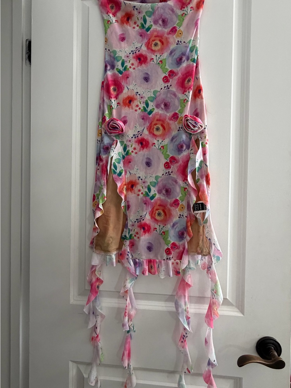 SHEIN Pink Purple Coral Floral Ruffle Dress